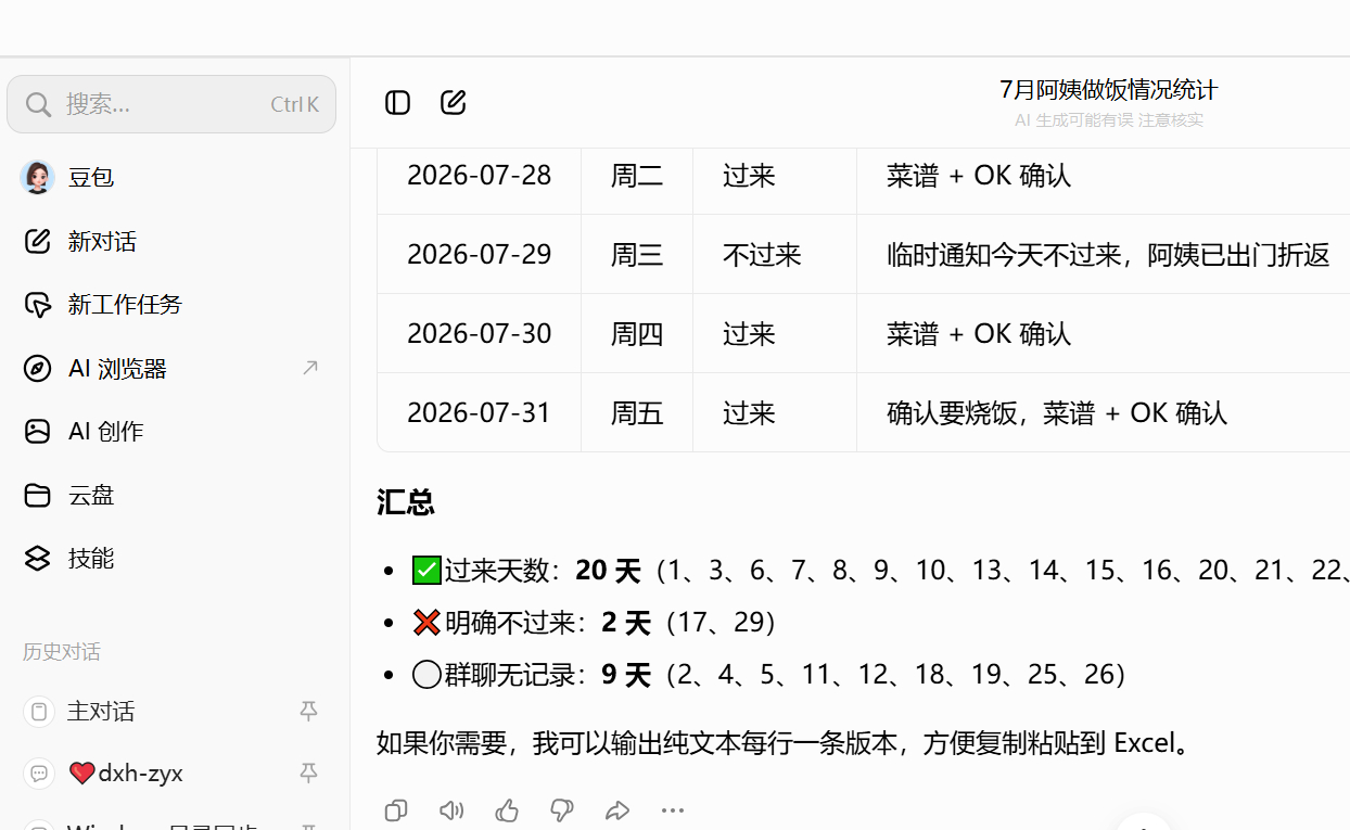 用 统计阿姨考勤：阿姨工作日做饭，周末打扫卫生。有时候临时有事就不来。每到月底结