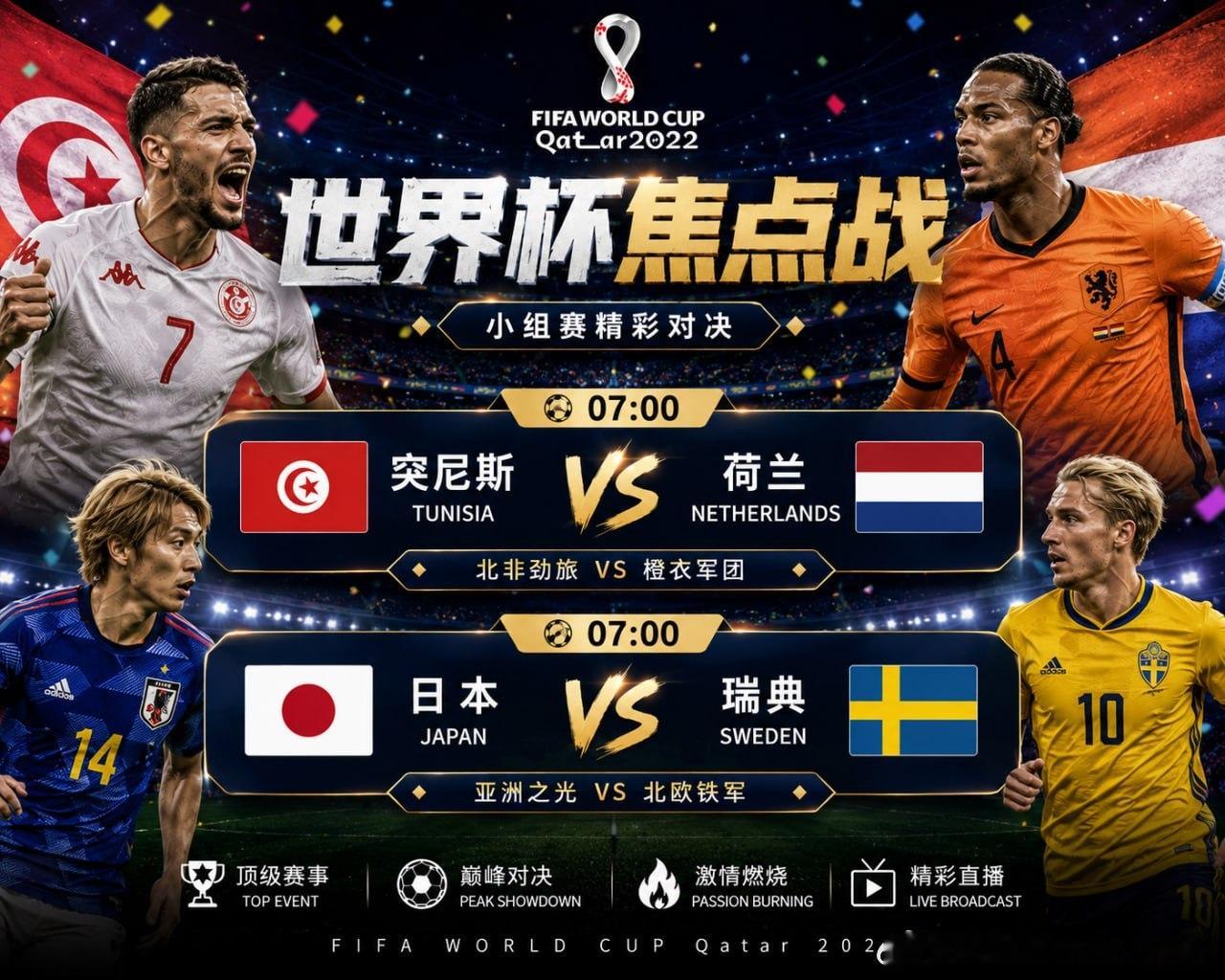 🏆 世界杯小组赛⏰ 07:00🇹🇳 突尼斯 VS 荷兰 🇳🇱🇯🇵 