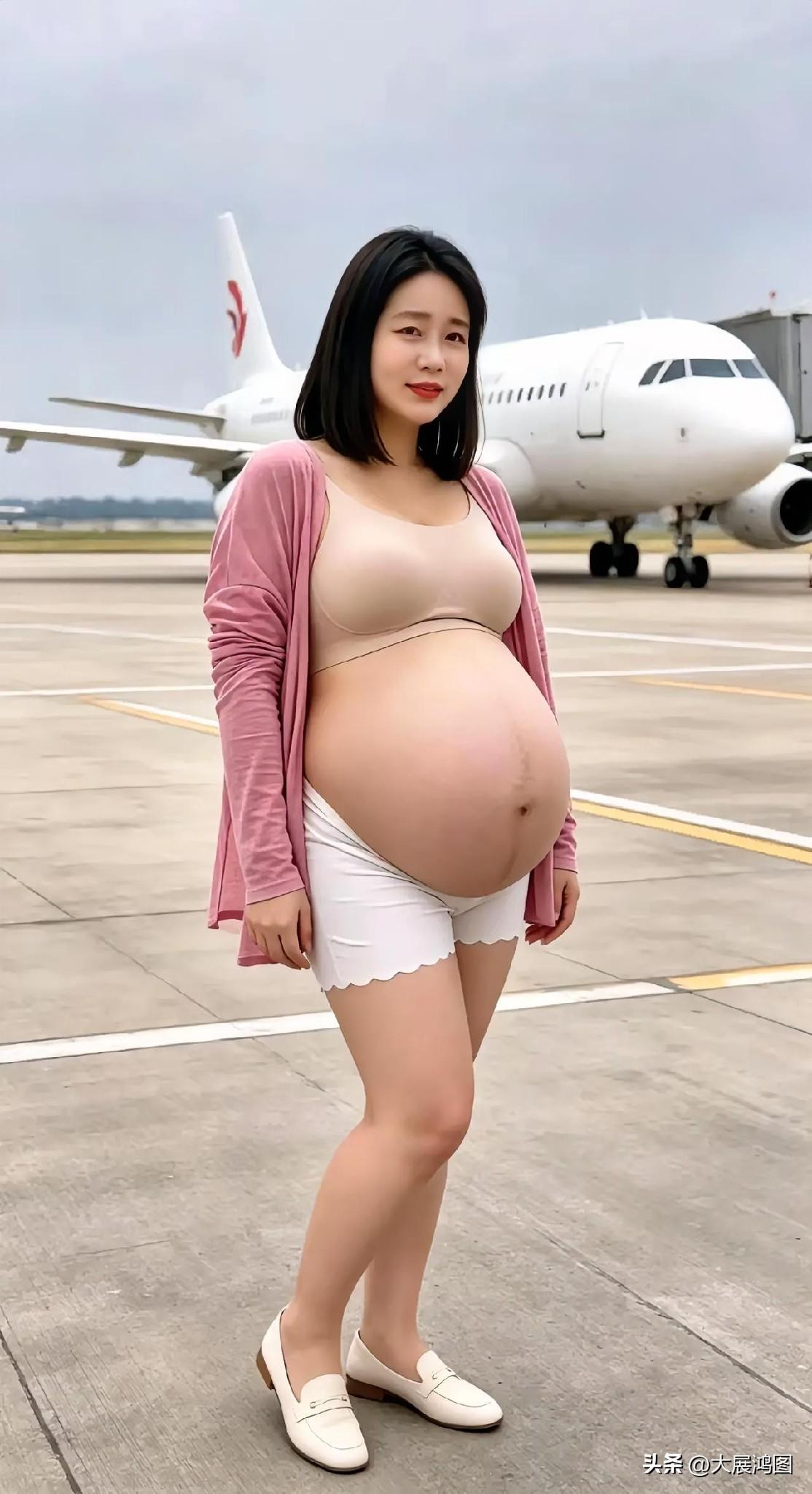怀孕的准妈妈站在飞机旁。