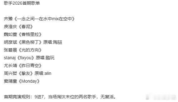 奔赴热爱之声🎧歌手2026首期完整歌单来袭，用歌声治愈夜晚，静待舞台高光时刻！