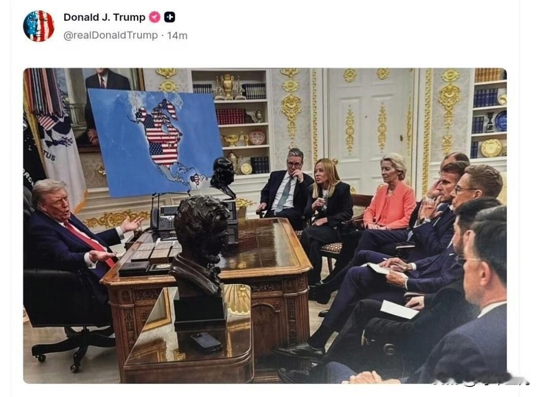 美国总统特朗普发布了一张图片，在其中嘲讽欧洲领导人，并把格陵兰、加拿大，以及古巴