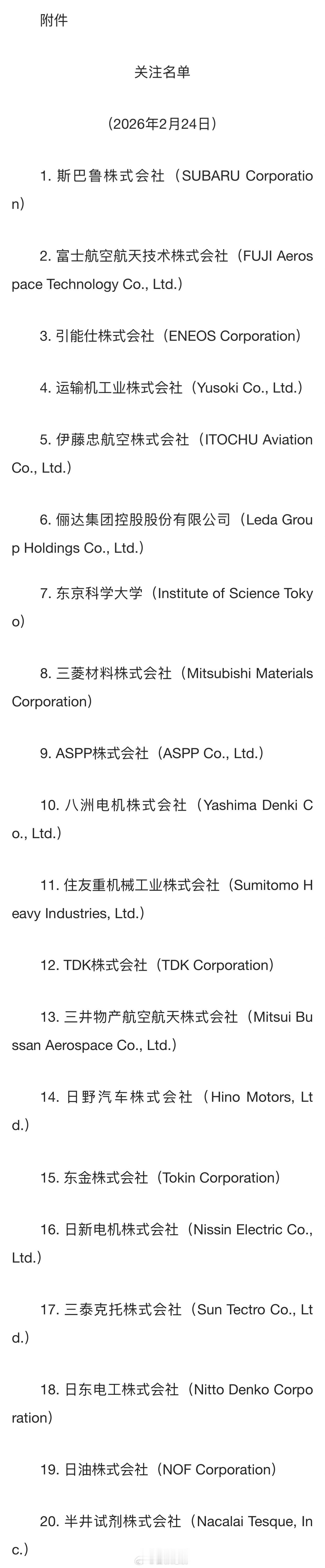 20家日本实体列入出口管制管控名单🇨🇳商务部公告2026年第12号，公布将2