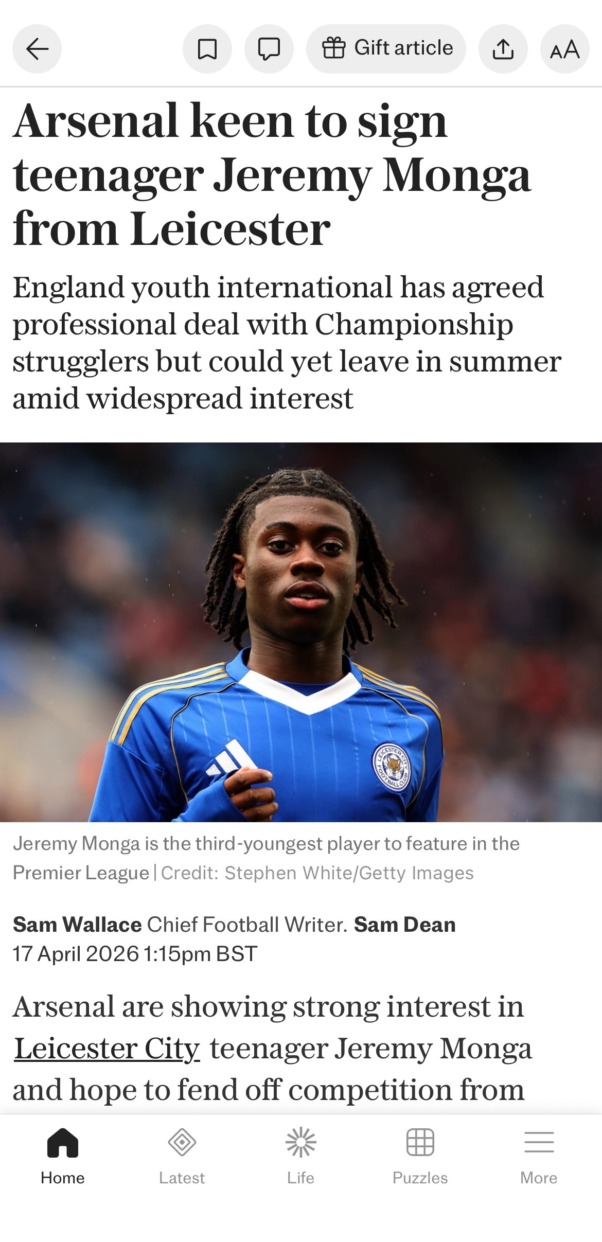 电讯报：阿森纳对莱斯特城边锋杰里米·蒙加表现出浓厚兴趣，并希望在争夺这位球员的竞