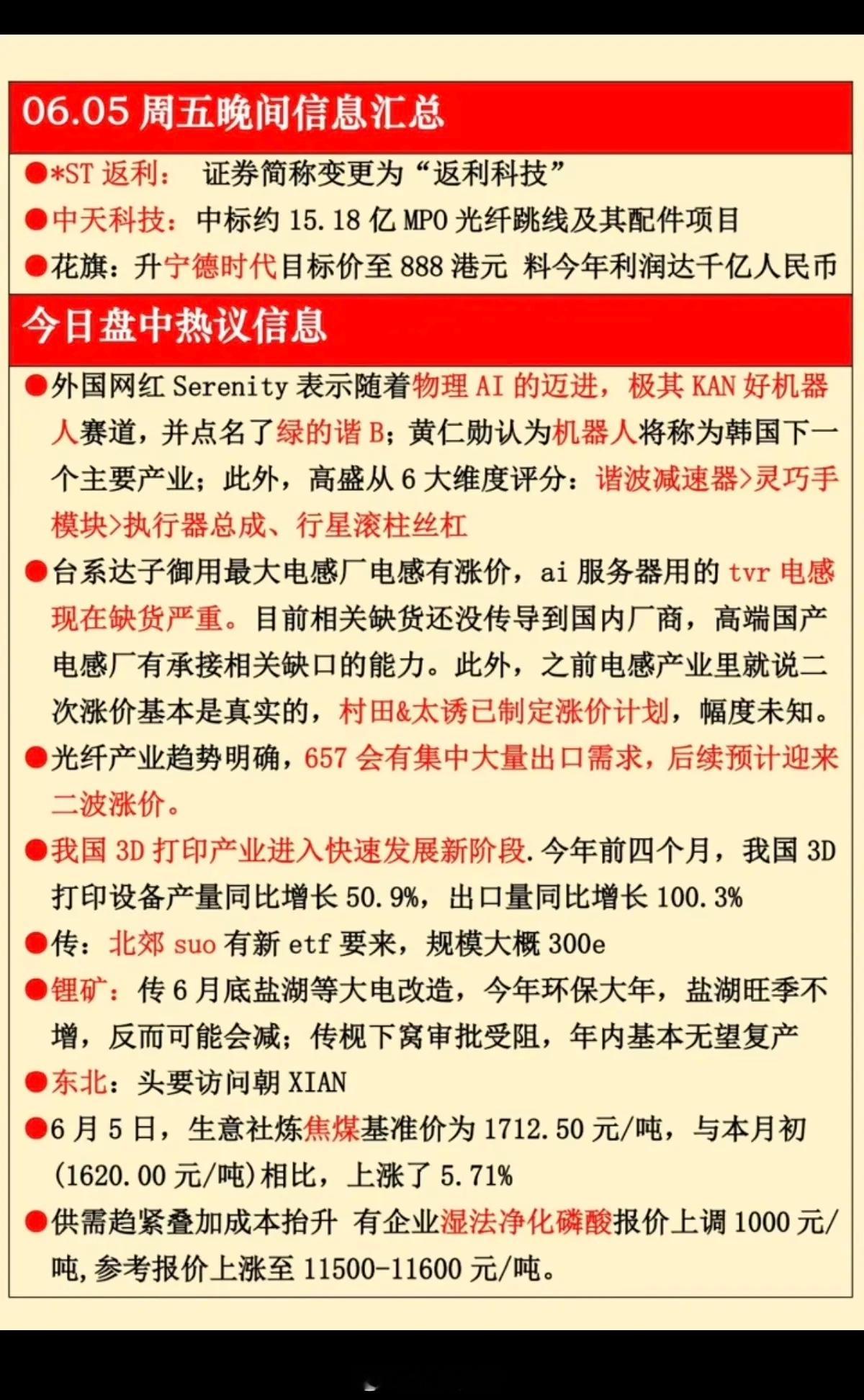 6.5周五  晚间财经信息汇总！1.物理AI2.机器人减速器3.TVR电感，缺货