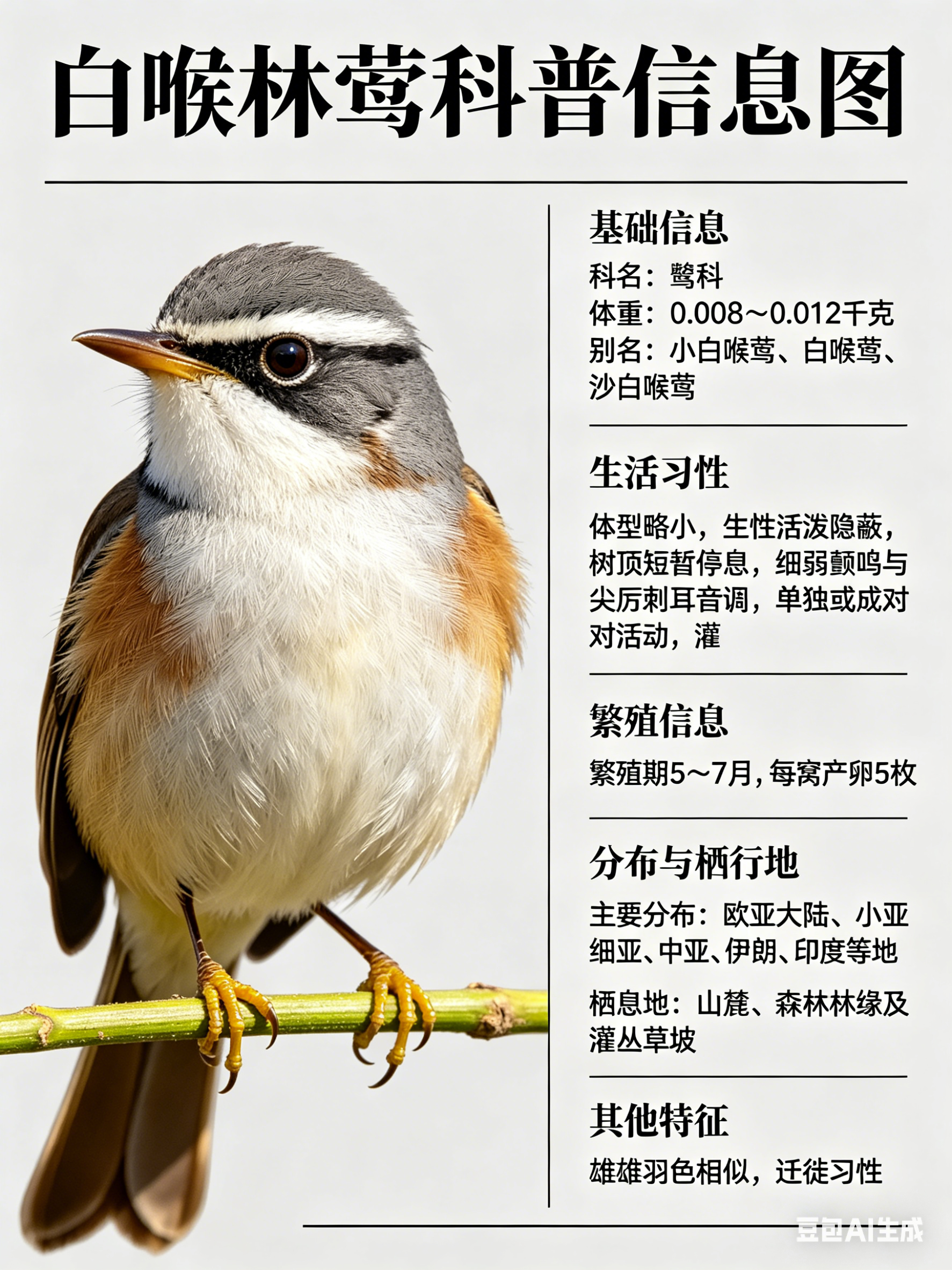 鸟类朋友图鉴 白喉林莺科名：鹟科体重：0.008～0.012千克别名：小白喉莺、