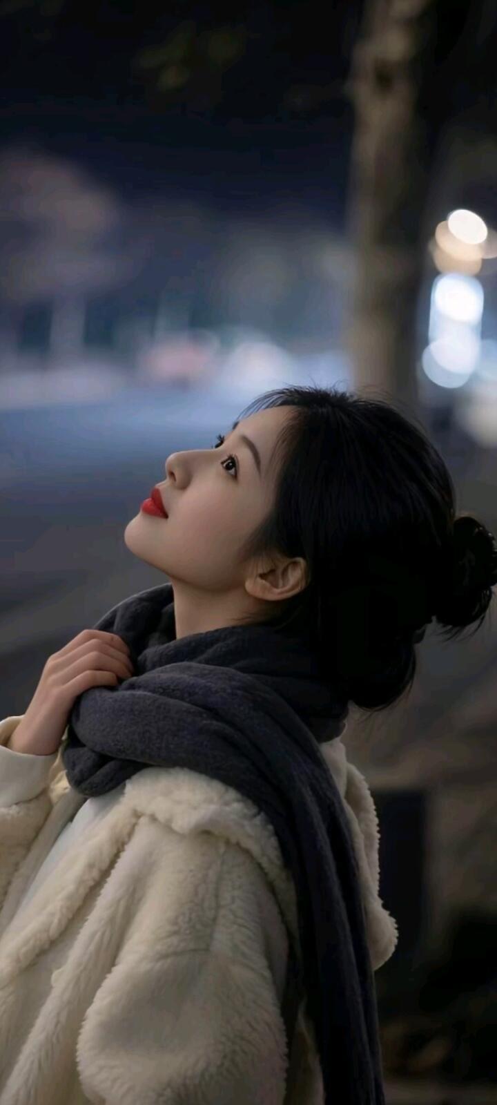 夜晚街头的优雅女子，红唇与毛绒大衣相映成趣，散发着迷人的魅力。