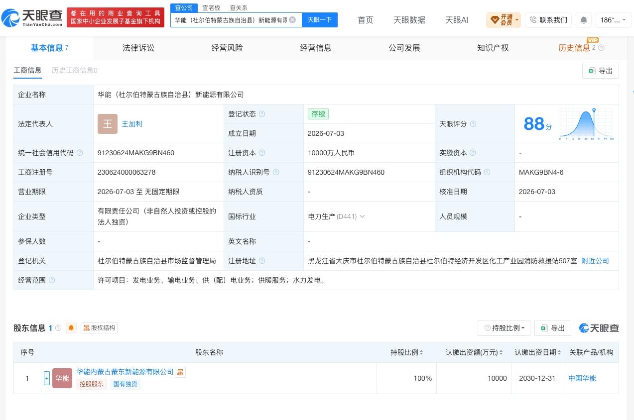 华能集团在黑龙江成立新公司 注册资本1亿

天眼查App显示，近日，华能（杜尔伯