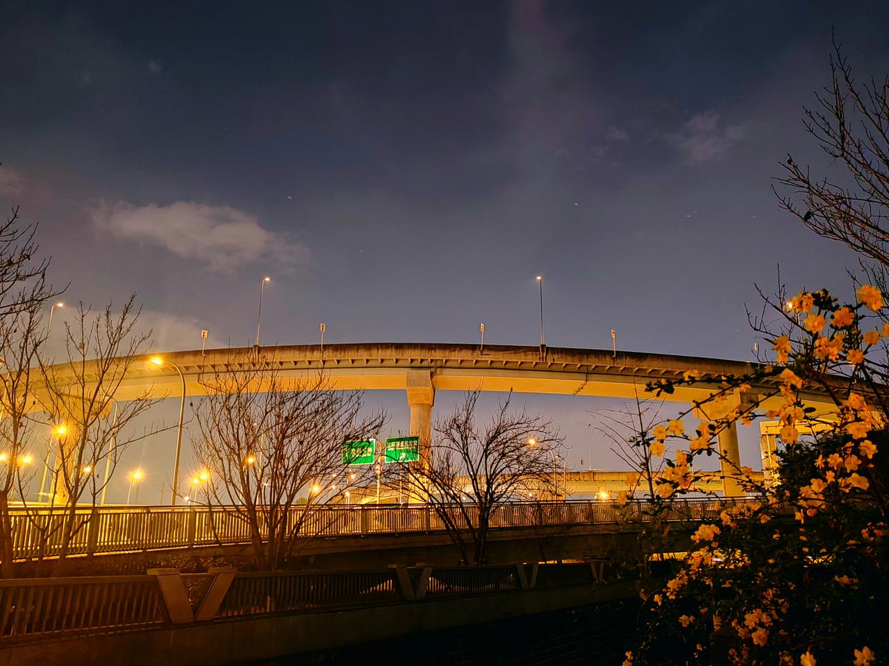 夜色里的立交桥，像一条发光的河流，车灯穿梭，灯带蜿蜒。灯光刺破夜色，把城市的轮廓