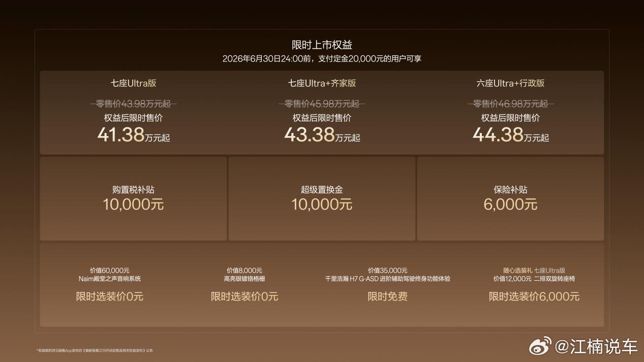 5月19日，焕新极氪009正式上市，推出七座与六座共三款车型，限时售价41.38