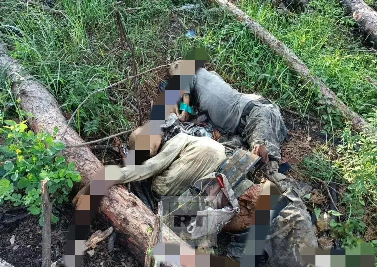 2023年，两名乌克兰士兵的尸体，被遗弃在战场上，镜头中的他们已经开始腐烂，周围