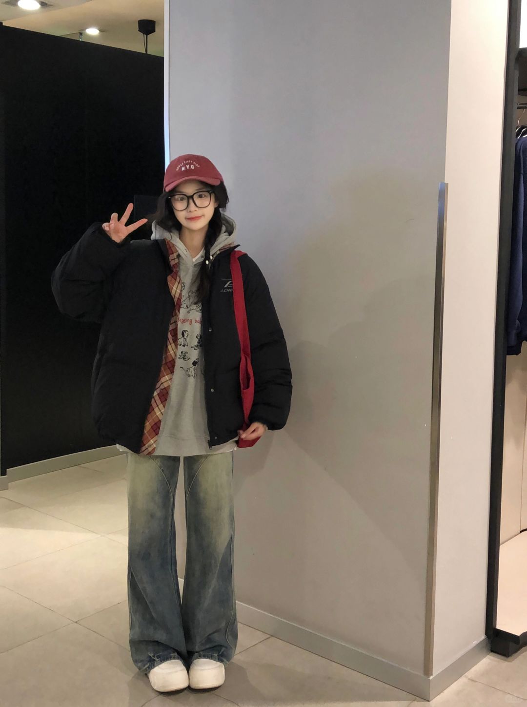 黑色棉服➕灰色卫衣叠穿好好看！🔒住啦！！！