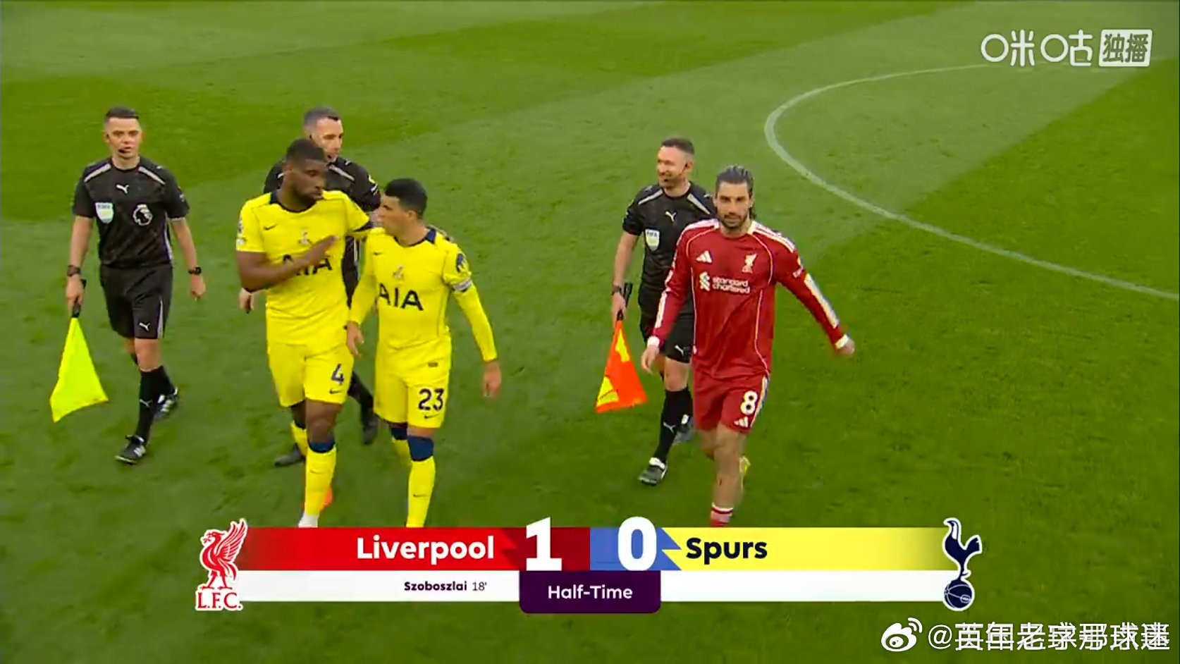 半场结束，利物浦暂1-0领先热刺大伙如何评价上半场比赛 利物浦vs热刺  cr：