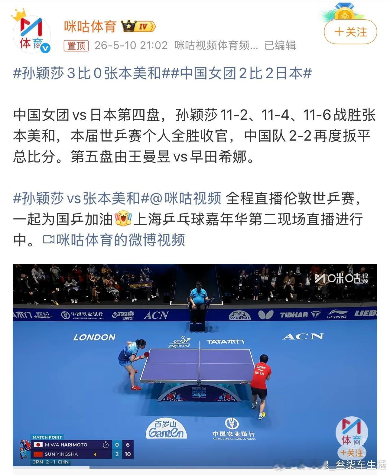 孙颖莎vs张本美和孙颖莎好样的，为祖国争光是祖国的骄傲，也是我们石家庄的骄傲