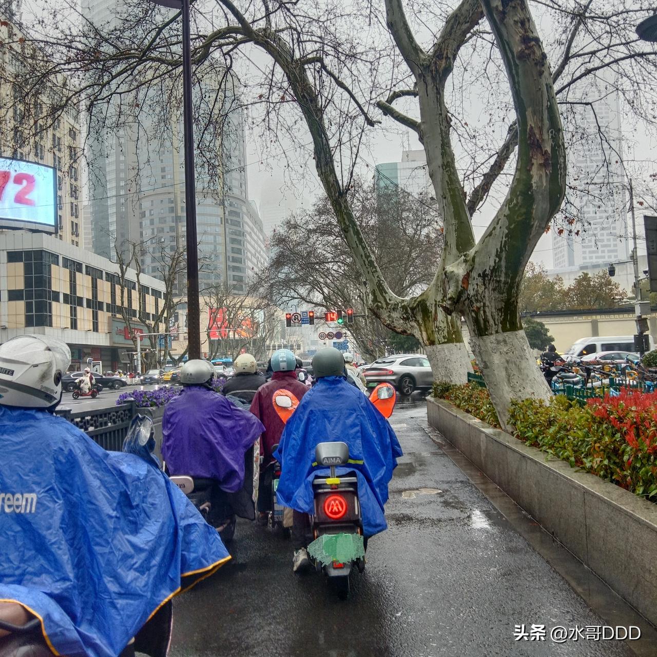 细雨中的南京，十字路口成了丈量文明的尺子。
·
慢车道上的电动车在红灯前静静等候