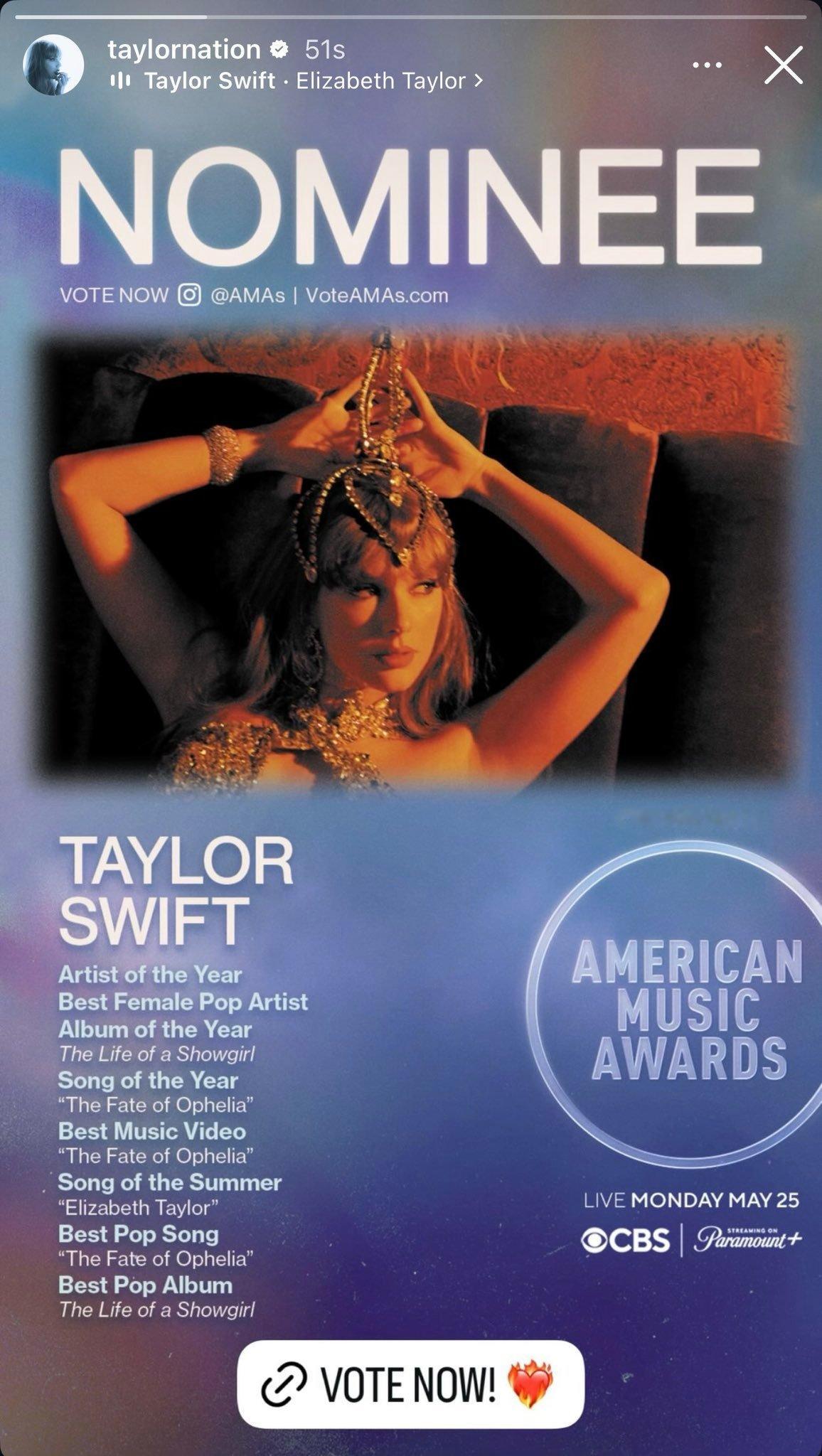 🚨| 泰勒·斯威夫特是 2026 年美国音乐奖提名最多的艺人！她也是该奖项历史