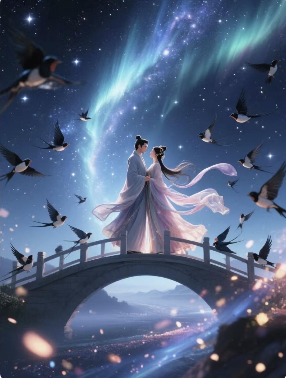 上联：天上星桥渡一岁
下联：上间月明照两心