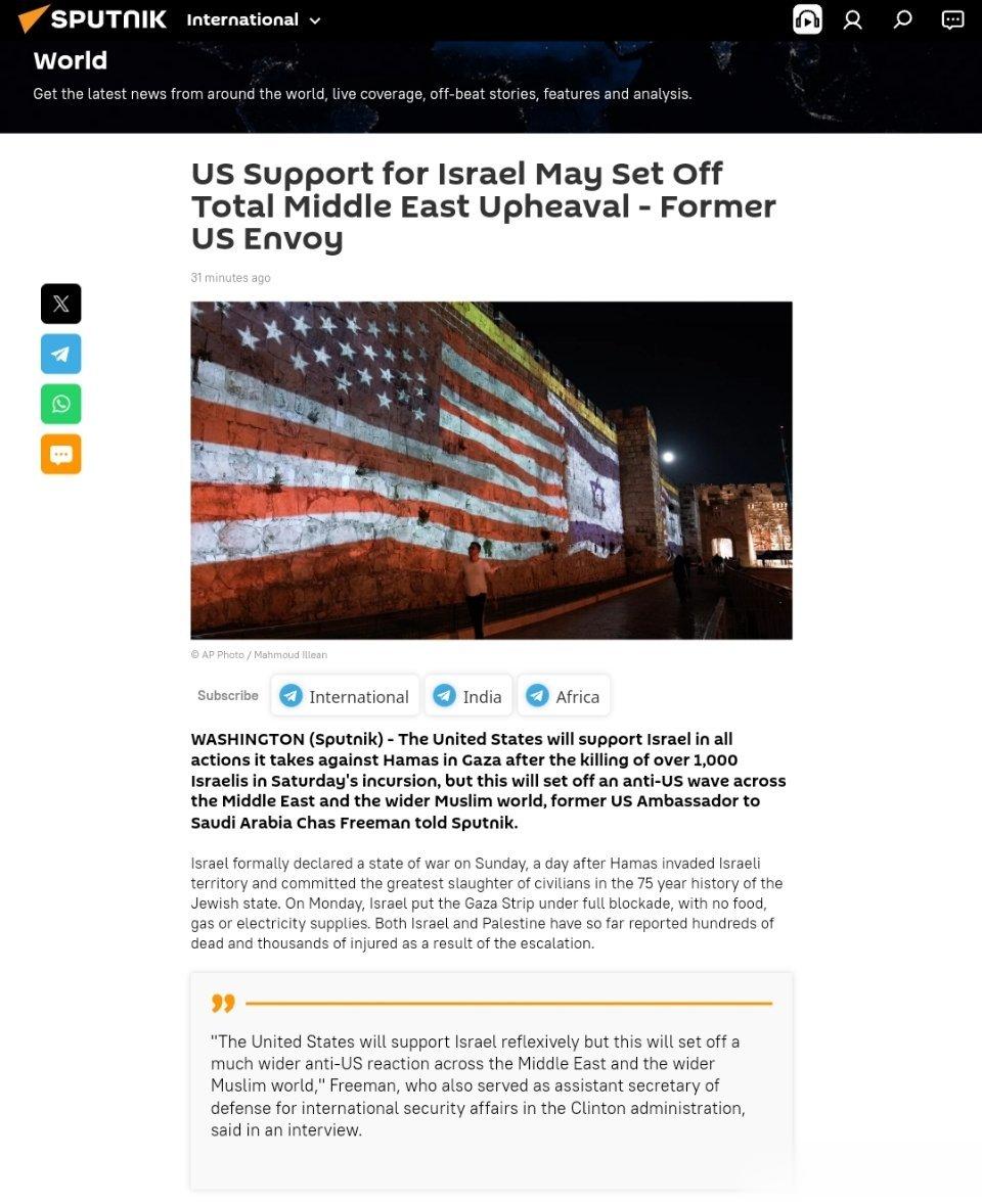 前美国特使:美国对以色列的支持可能引发中东全面动荡美国前驻沙特大使Chas Fr