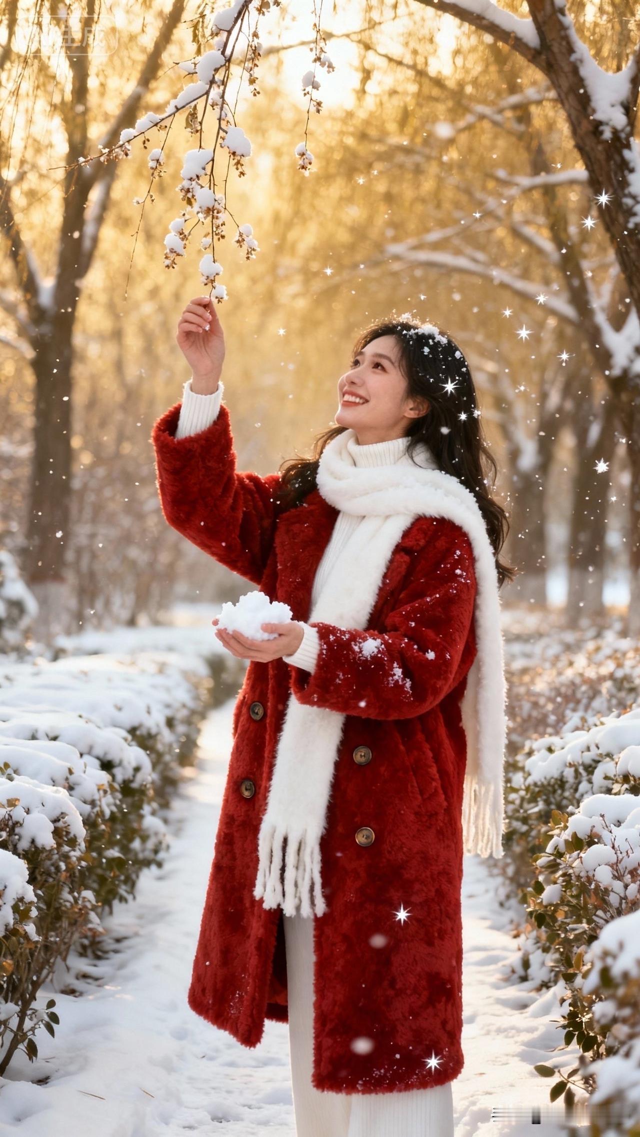 冬日雪景中的温暖瞬间，红衣少女与雪花共舞。