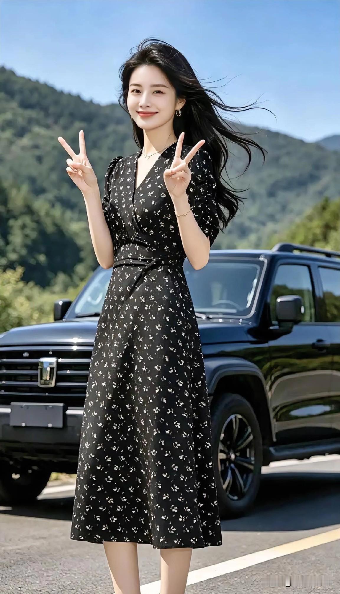 山风掠过发梢，她站成风景的诗。

黑裙碎花轻颤，似星子落满夜的温柔。

双腕比出