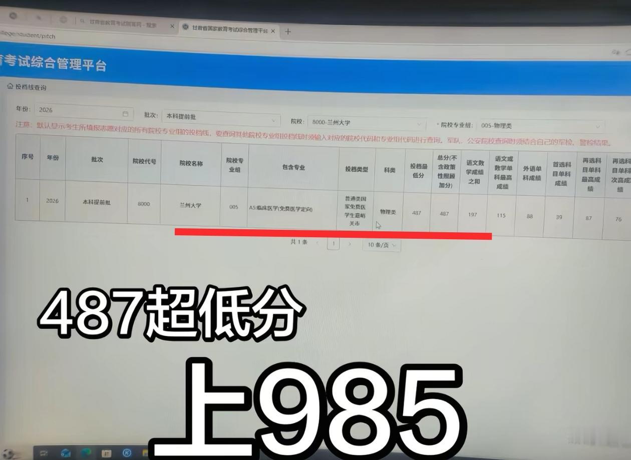 今年的首个捡漏王来了！487分上兰州大学，而且还是临床医学，在甘肃的位次是360