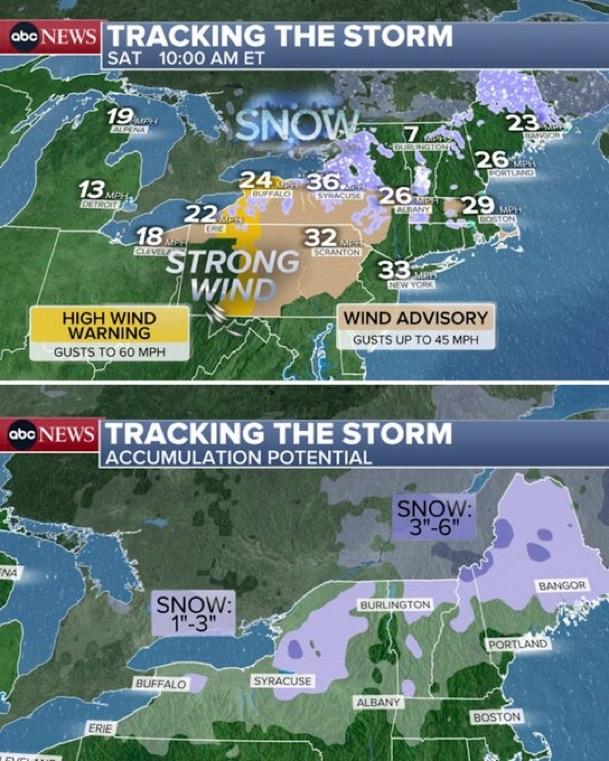 美国东部两场风暴中的第一场已经席卷五大湖区，现在正向东北部北部移动，给五大湖东部