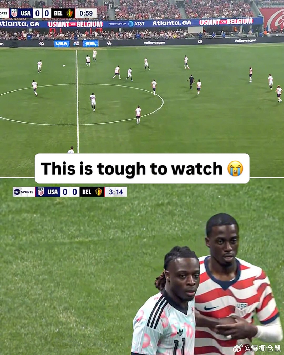 【难以分辨】友谊赛，美国2比5比利时，两队都穿上了新发布的球衣，虽然近距离有很明