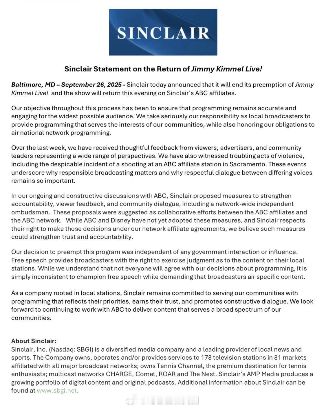 Sinclair和Nexstar今天陆续宣布，今晚开始将恢复播放”Jimmy K