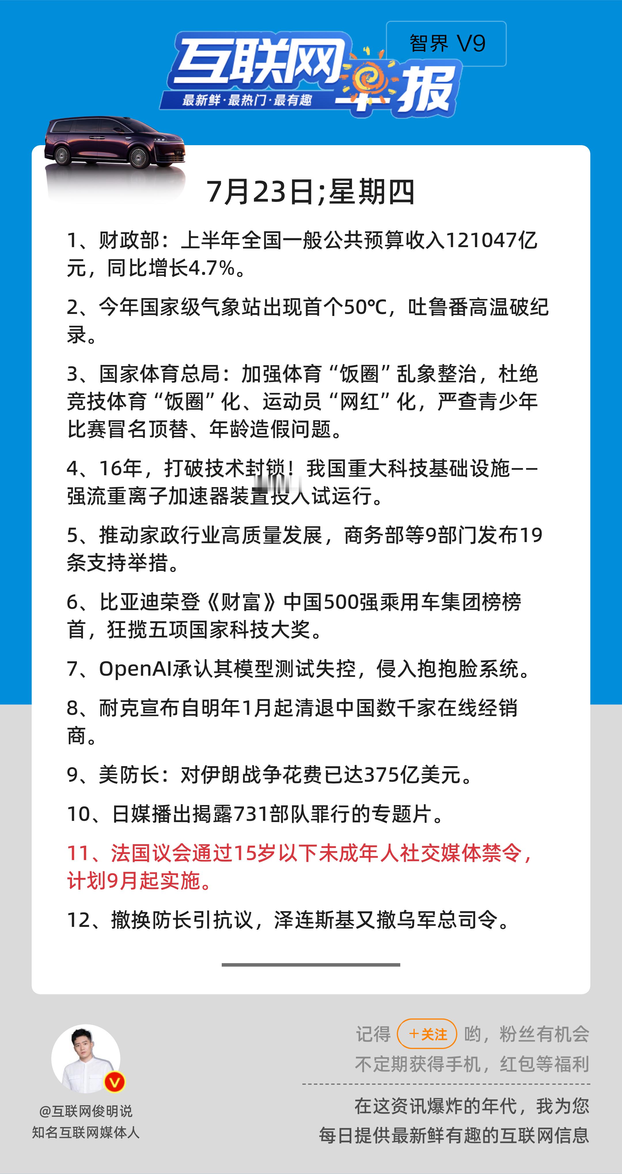 7月23日，星期四，《第3208期》；互联网早报，众览天下事关心第11条：法国议