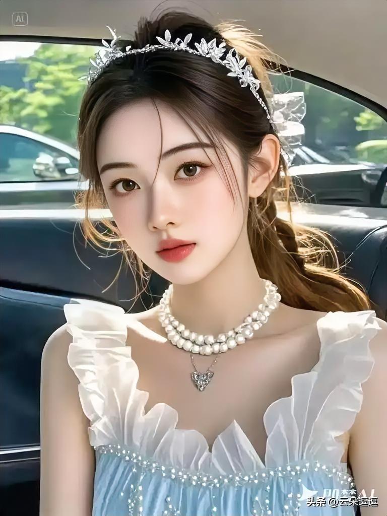 甜美公主风，珍珠项链和发带，车内自拍💖