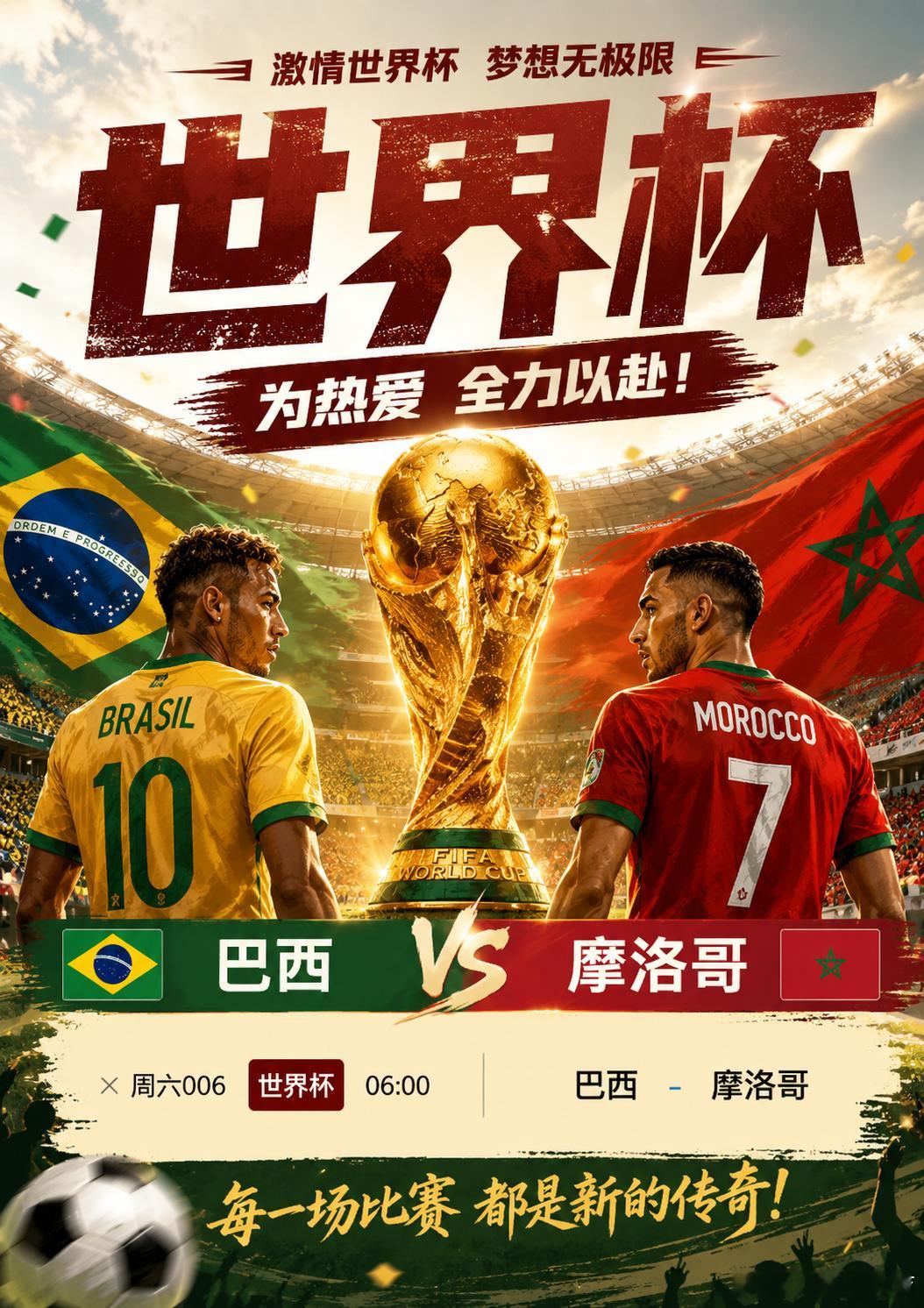 006 世界杯2026-06-14 ⏰ 06:00巴西  vs摩洛哥开球：巴西方