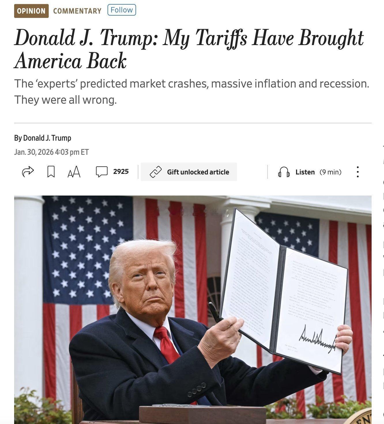 特朗普投稿WSJ为自己的关税政策辩解，称自己一直是对的：去年4月对几乎所有国家加