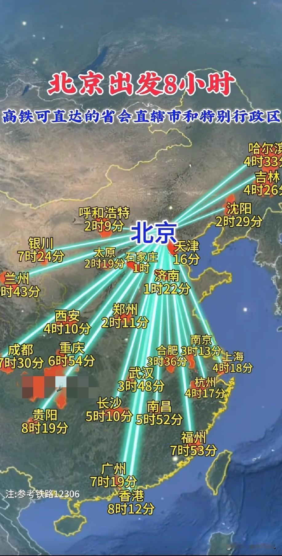 北京坐高铁出发8小时可直达的省会城市直辖城市和特别行政区有哪些呢？下面这张图片可