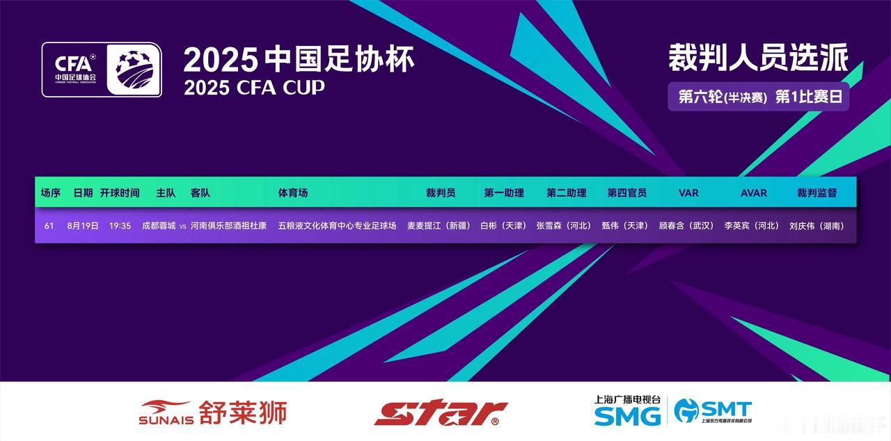 麦麦提江72小时吹两场，刚吹完苏超，又来吹足协杯半决赛了！
8月17日晚19:3