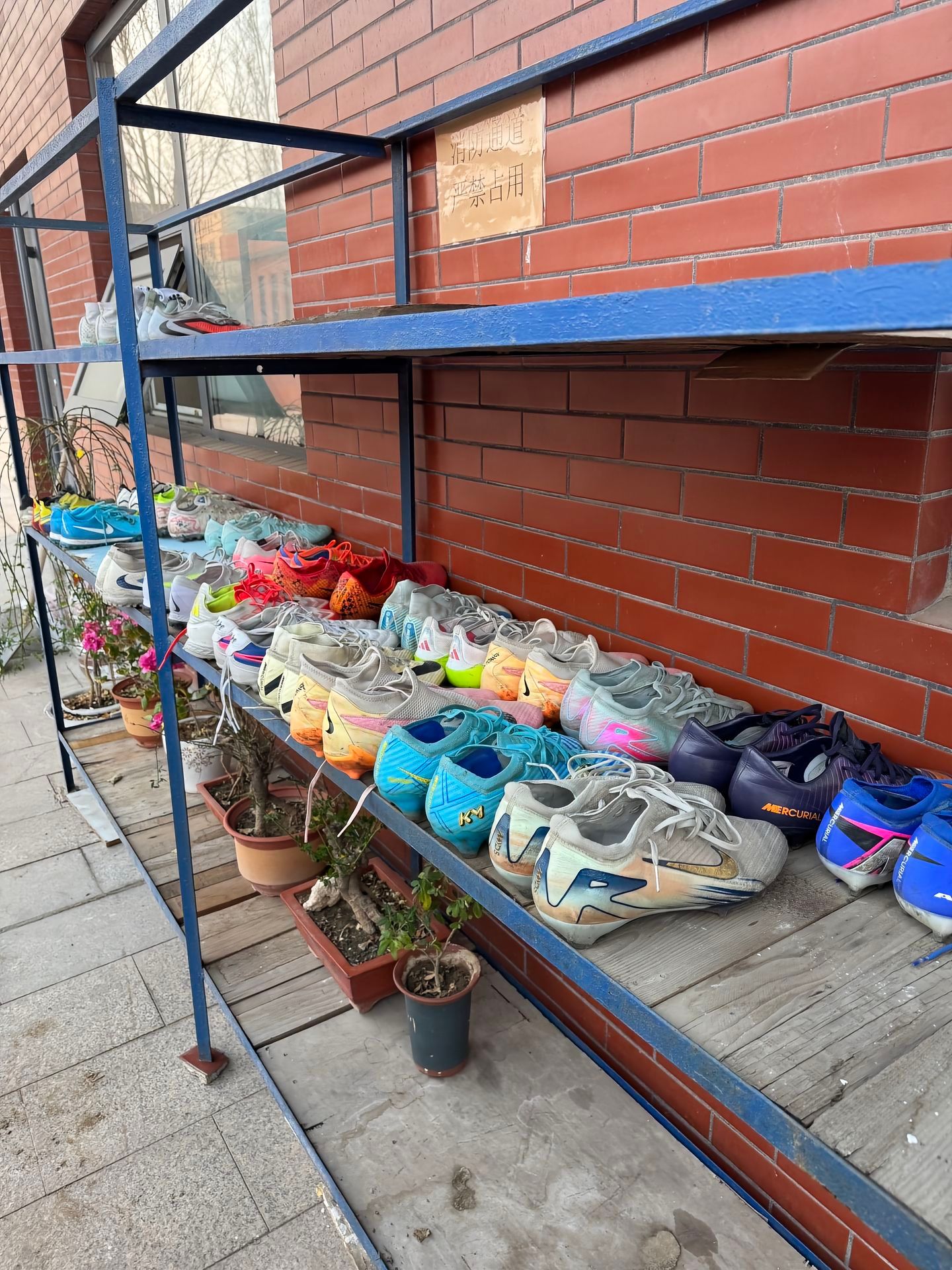 球场旁边的鞋架，平时用来放球鞋散味的，上面有双足球鞋里还塞着足球袜。 