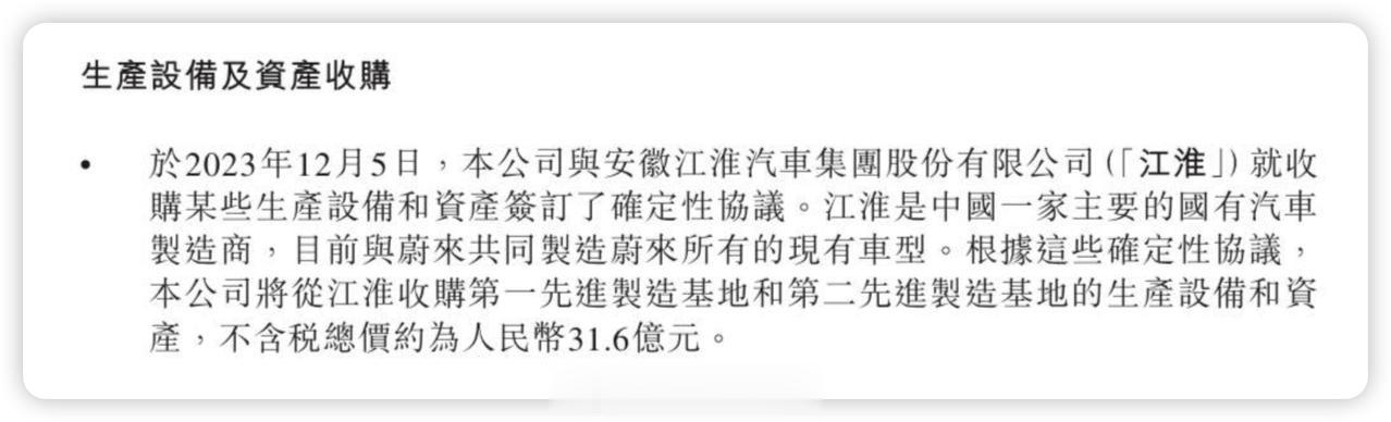 #蔚来31.6亿元收购江淮部分生产设备和资产# 

今天，蔚来在港交所发布公告，