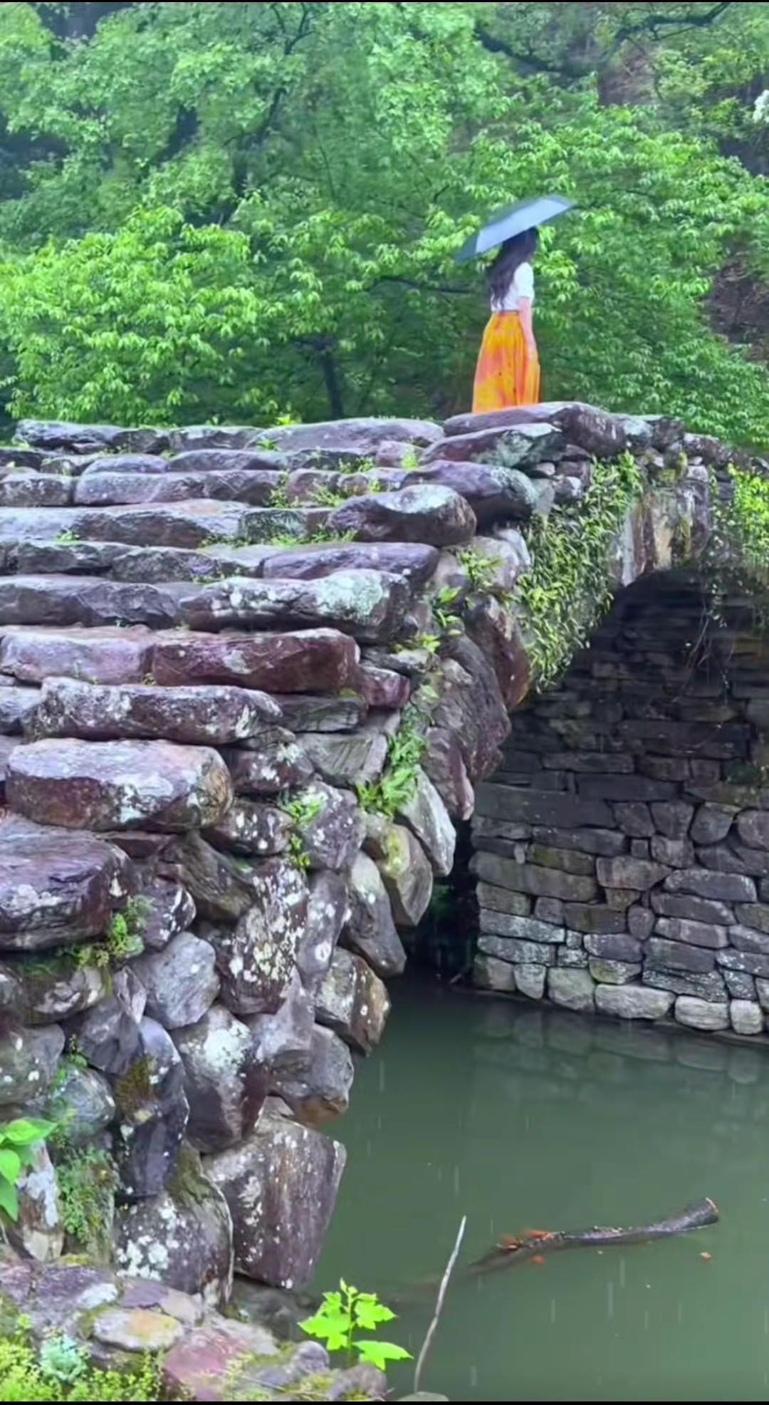 烟雨迷蒙处，古石桥静卧溪上，绿蓑衣”之境🌧️🌉