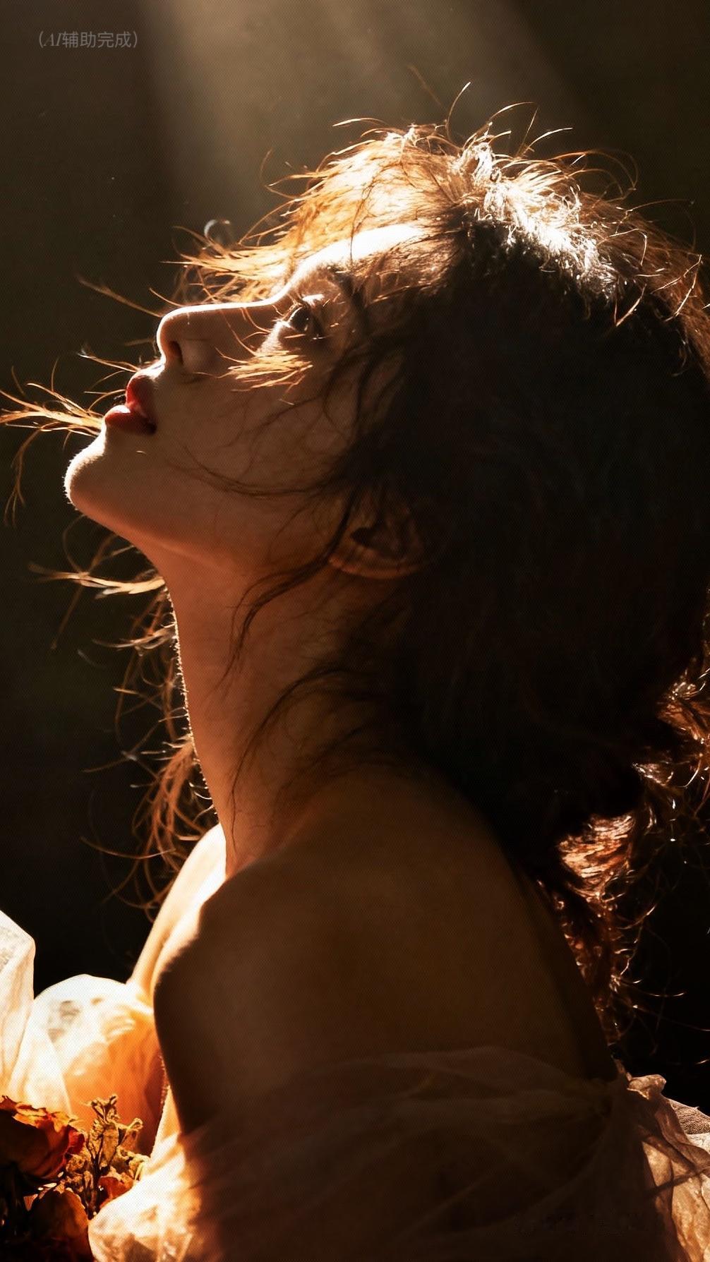 九帧同绘光影仙。乌发卷浪逆光鎏金，纱衣轻盈裹雅姿，肩颈如天鹅颈流转珠光。眉眼含情