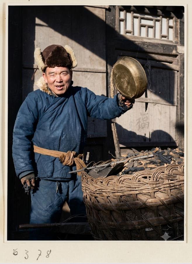 民国，冬日阳光斜照下，是寒冬里走街串巷的卖炭小贩。
小贩身着一身厚实的御寒装束，