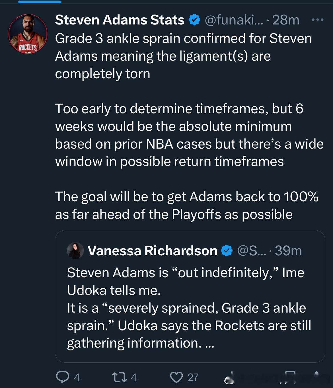 亚当斯是三级脚踝扭伤，无限期休战，火箭只是初步诊断，后续还会详细检查…并给出细节