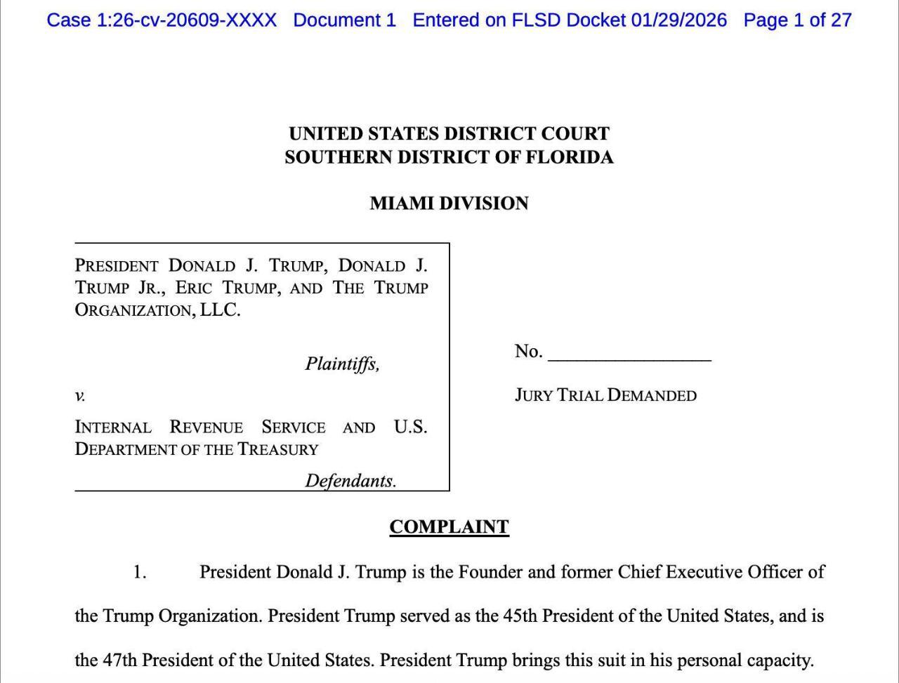 特朗普与小唐纳德·特朗普、埃里克·特朗普及特朗普集团一道，已在佛罗里达州对美国国