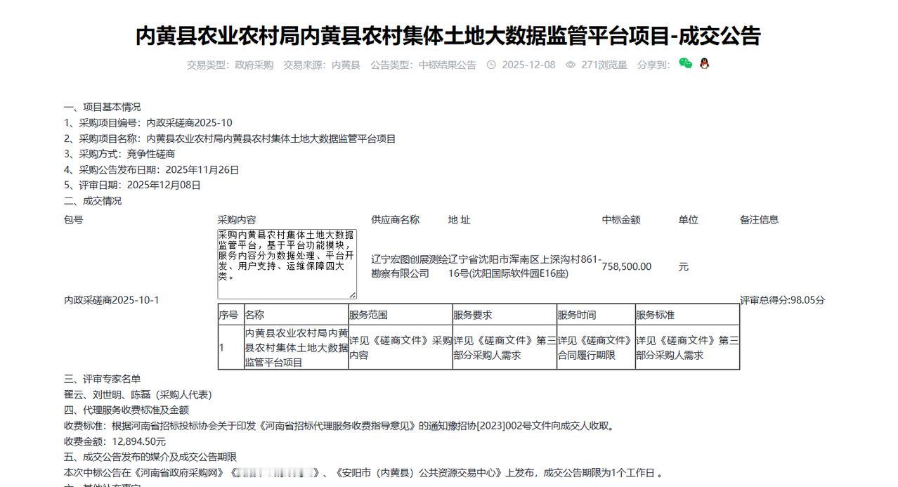 内黄县农村集体土地大数据监管平台项目-成交公告，金额75.8万元