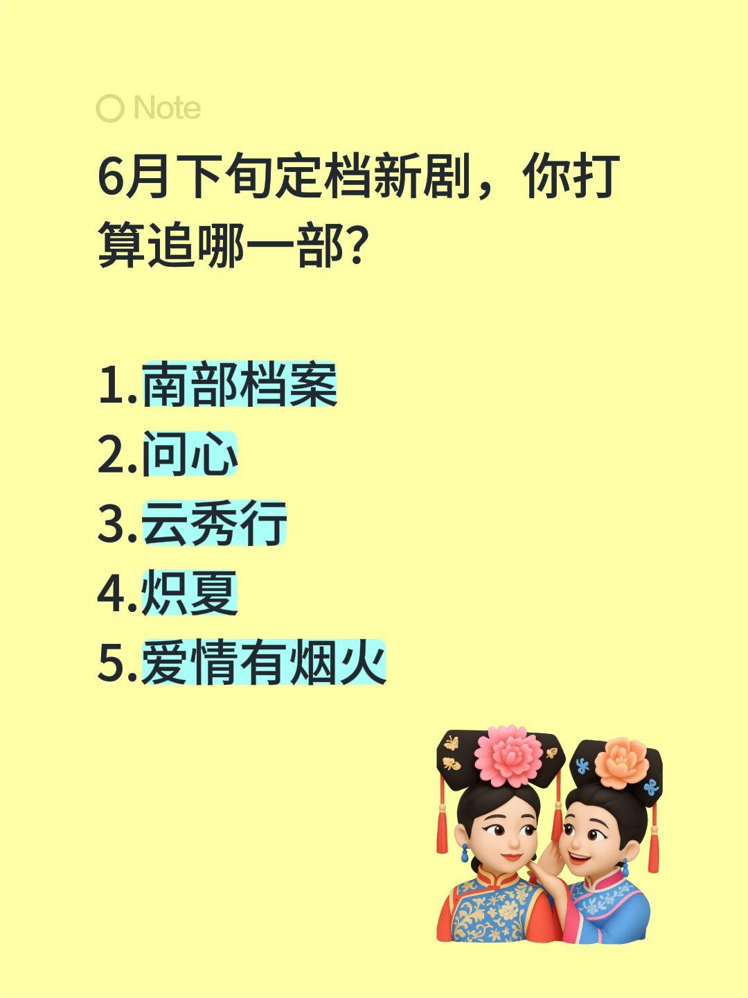 6月下旬定档新剧，你打算追哪一部？

1.南部档案
2.问心
3.云秀行
4.炽