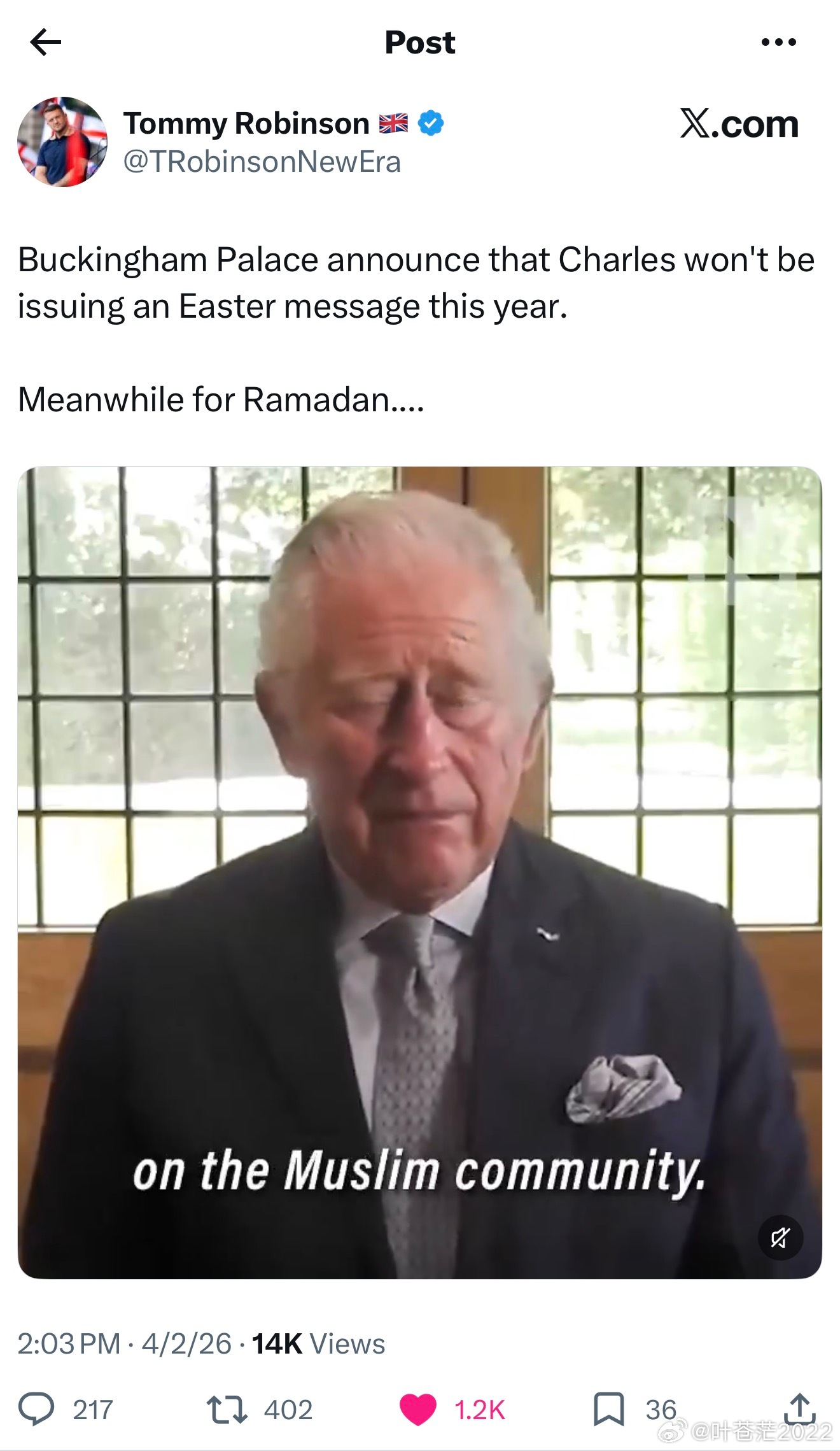 白金汉宫宣布，查尔斯今年将不发表复活节致辞。与此同时，他在穆斯林斋月却专门致辞祝