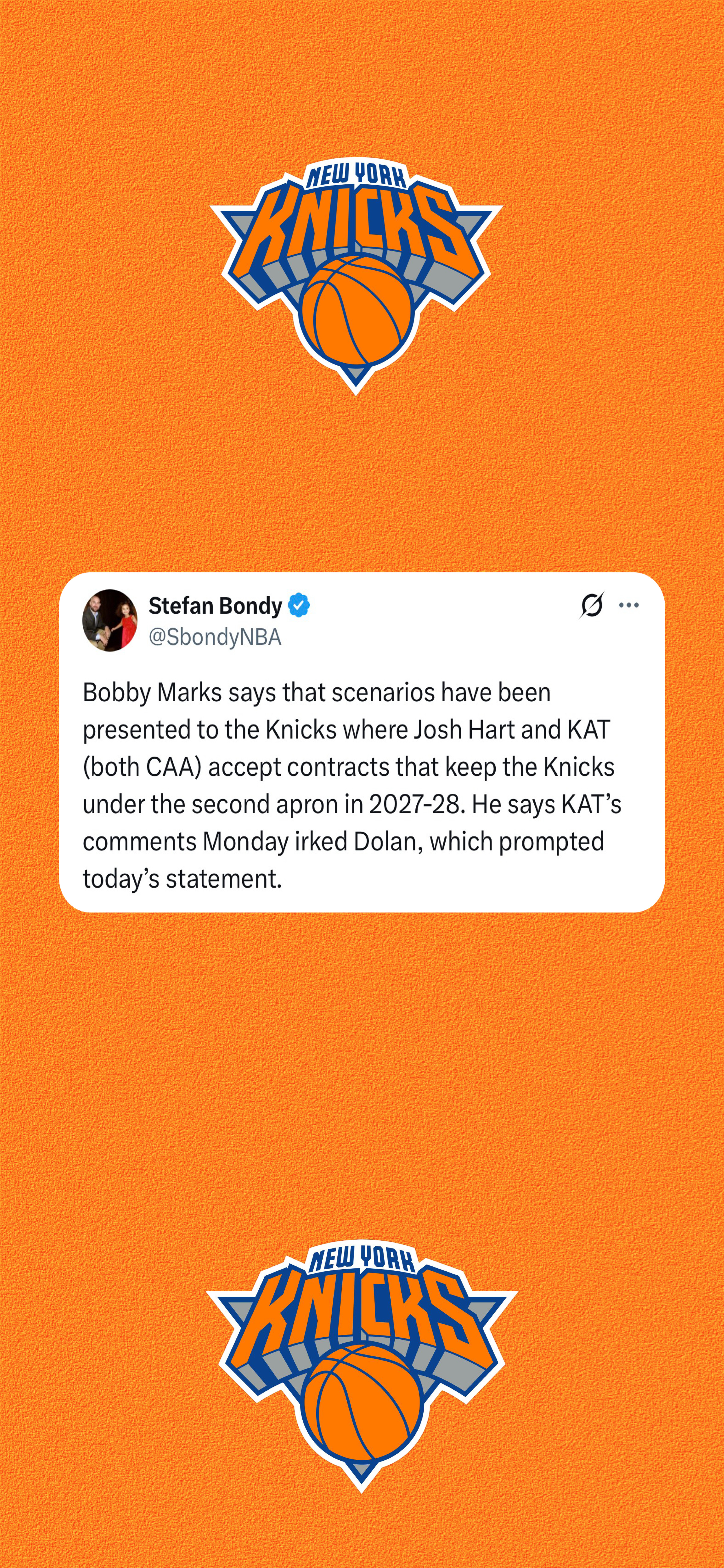 KNICKS NEWS：NBA薪资专家Bobby Marks表示，已经向尼克斯提