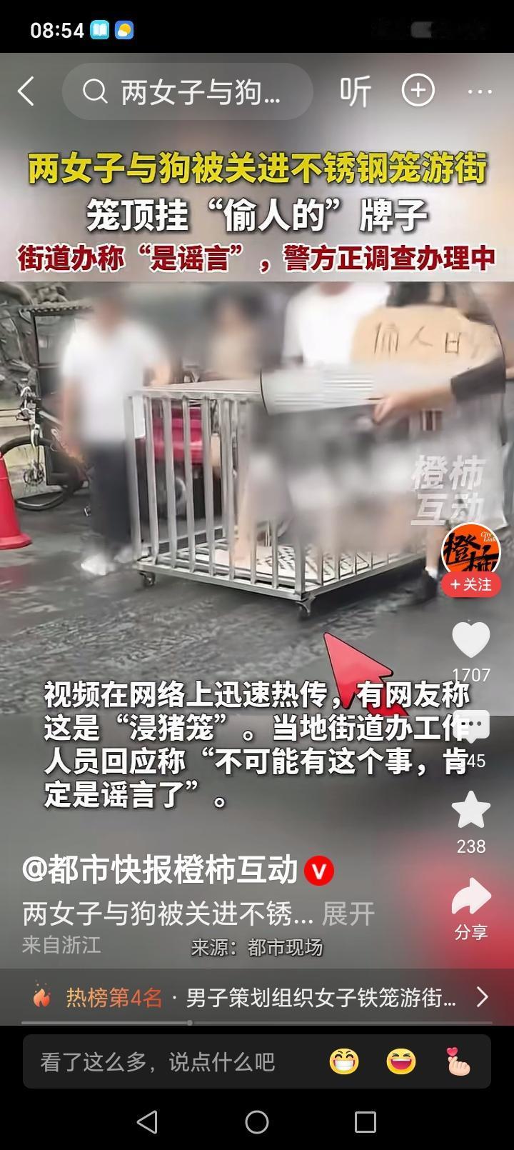 两女子与狗关在笼子里游街，笼顶挂“偷人”的牌子。原来是姓何的人，组织8人，策划的