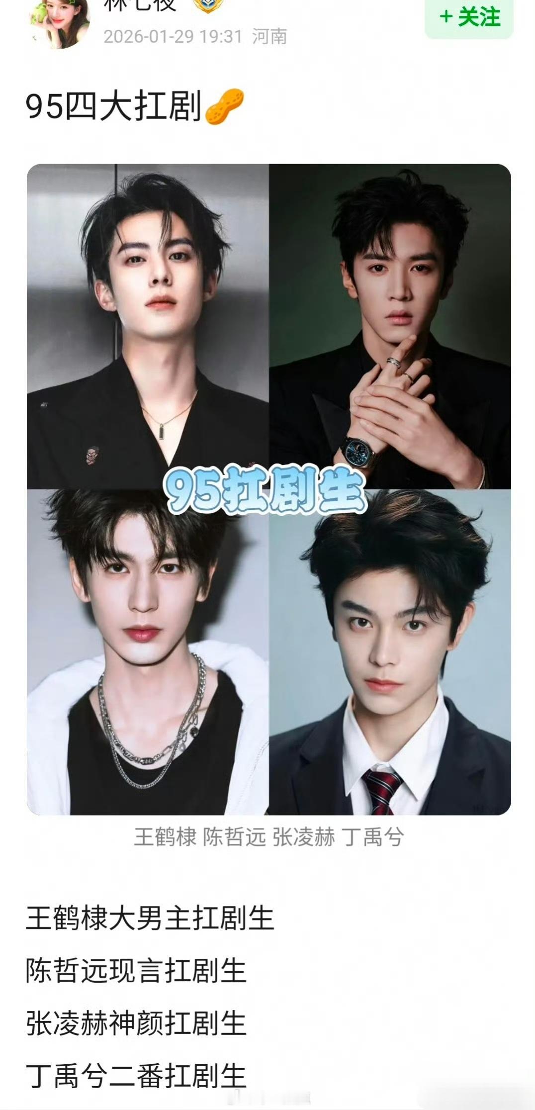 95四大扛剧🥜，认同吗？王鹤棣大男主扛剧生陈哲远现言扛剧生张凌赫神颜扛剧生丁禹
