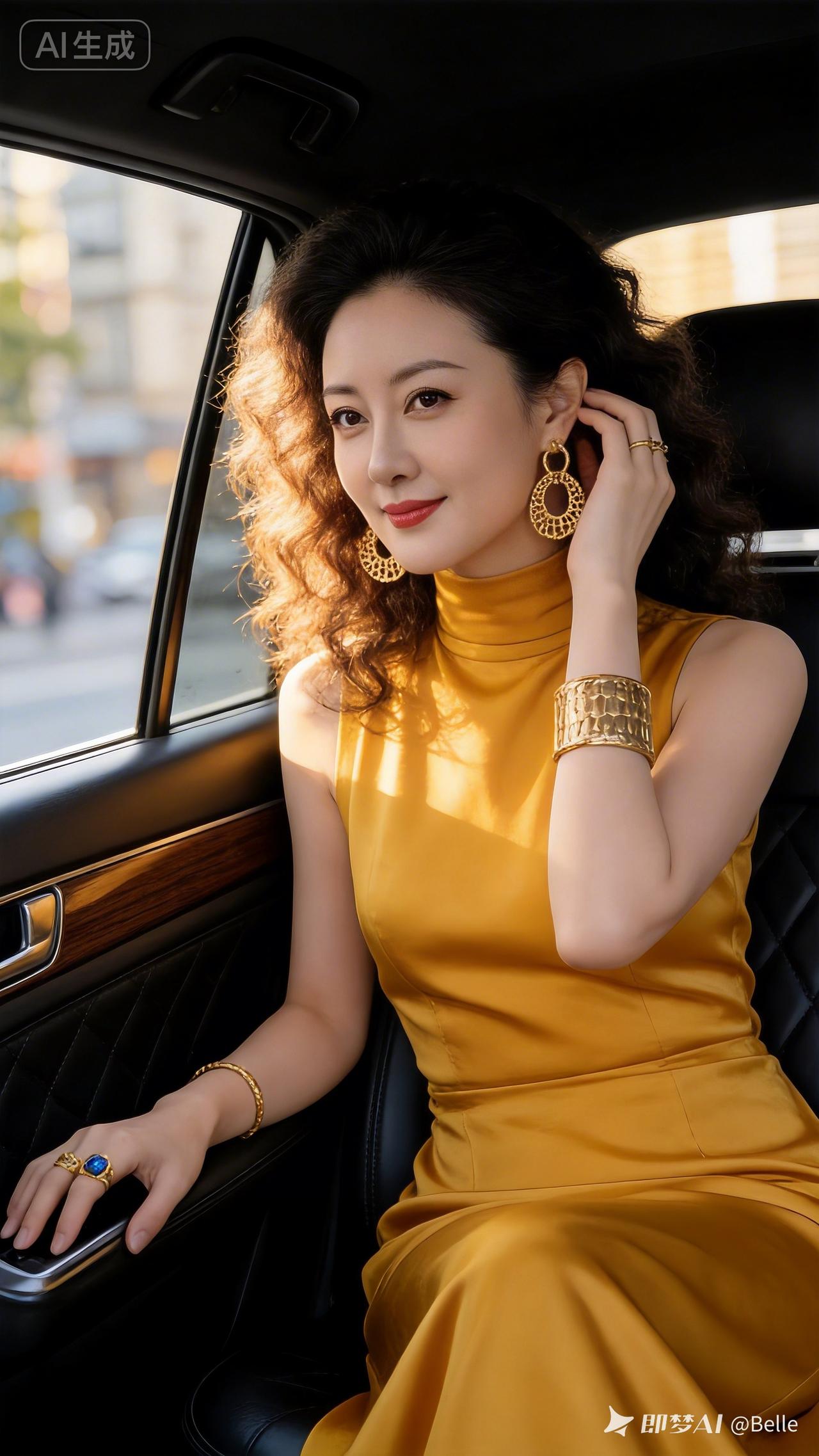 优雅车中时光，金色礼服与珠宝的完美搭配，尽显都市女性魅力。
