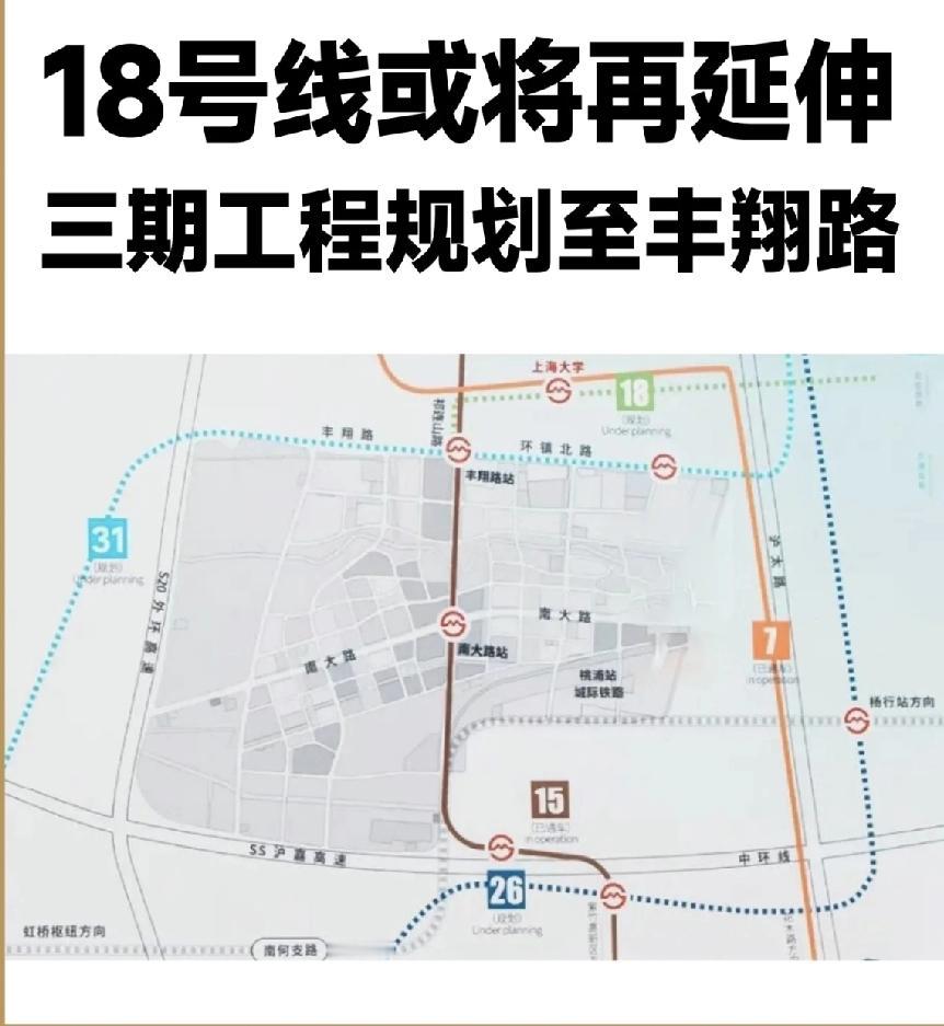 上海地铁18号线三期规划延伸至丰翔路
上海地铁18号线目前一期已开通，从长江南路