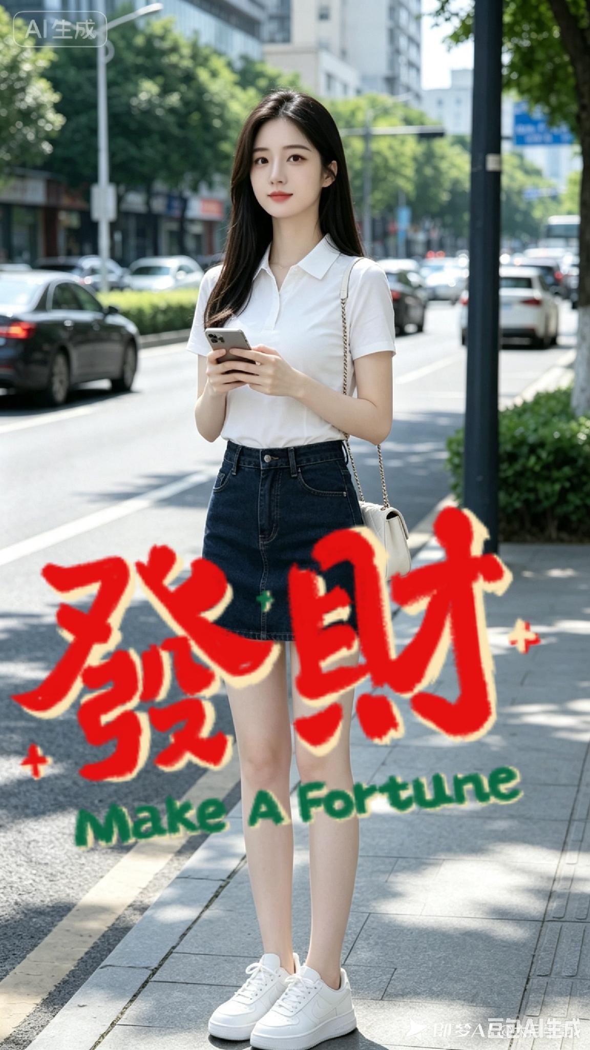 街畔倩影
长街翠树沐晴光，悄立街边步道旁。
素衫温婉风姿秀，蓝裤修长韵味彰。
柔