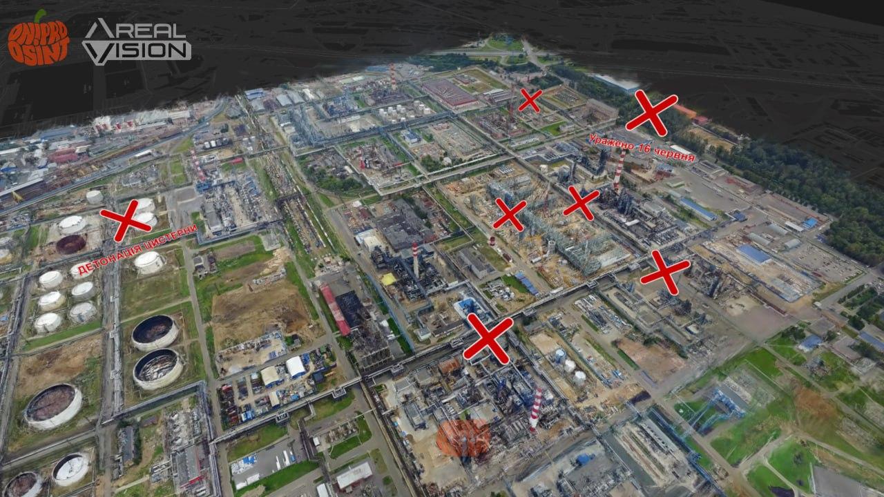 由 Dnipro OSINT 制作的地图，展示了莫斯科炼油厂内火灾发生的位置。